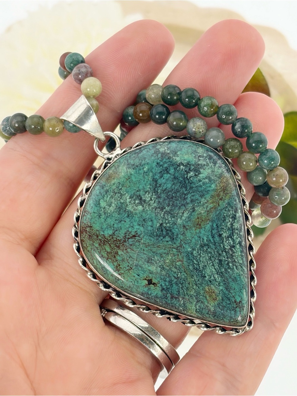 Big Chrysocolla Pendant Agate Necklace Southwest New Sterling Silver 925 Overlay